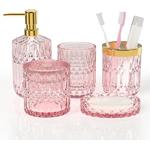 5PCS Bathroom Accessory Set, Modern Premium Glass Bath Accessories, Bathroom Soap Dispensers and Toothbrush Holder Set, Gift for Home Decor & Countertop Organizer, Pink Bath Set