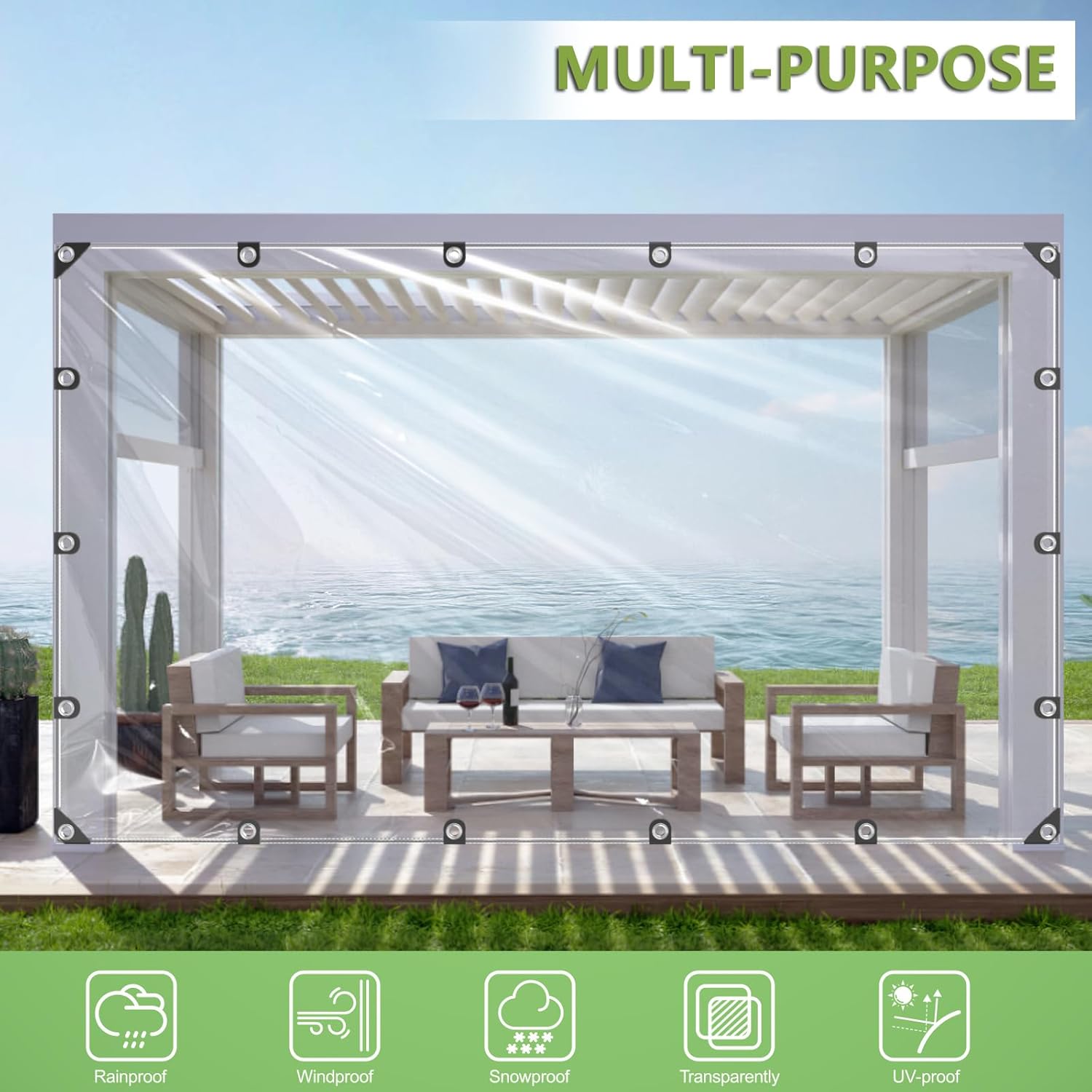 8 x 13 ft Clear Waterproof Tarp, 6 Mil Multi-Purpose Tarp Cover with Grommets, Reinforced Edges and Cable Tie, Heavy Duty PVC Transparent Tarpaulin for Courtyards Camping Gardens Cars Protection