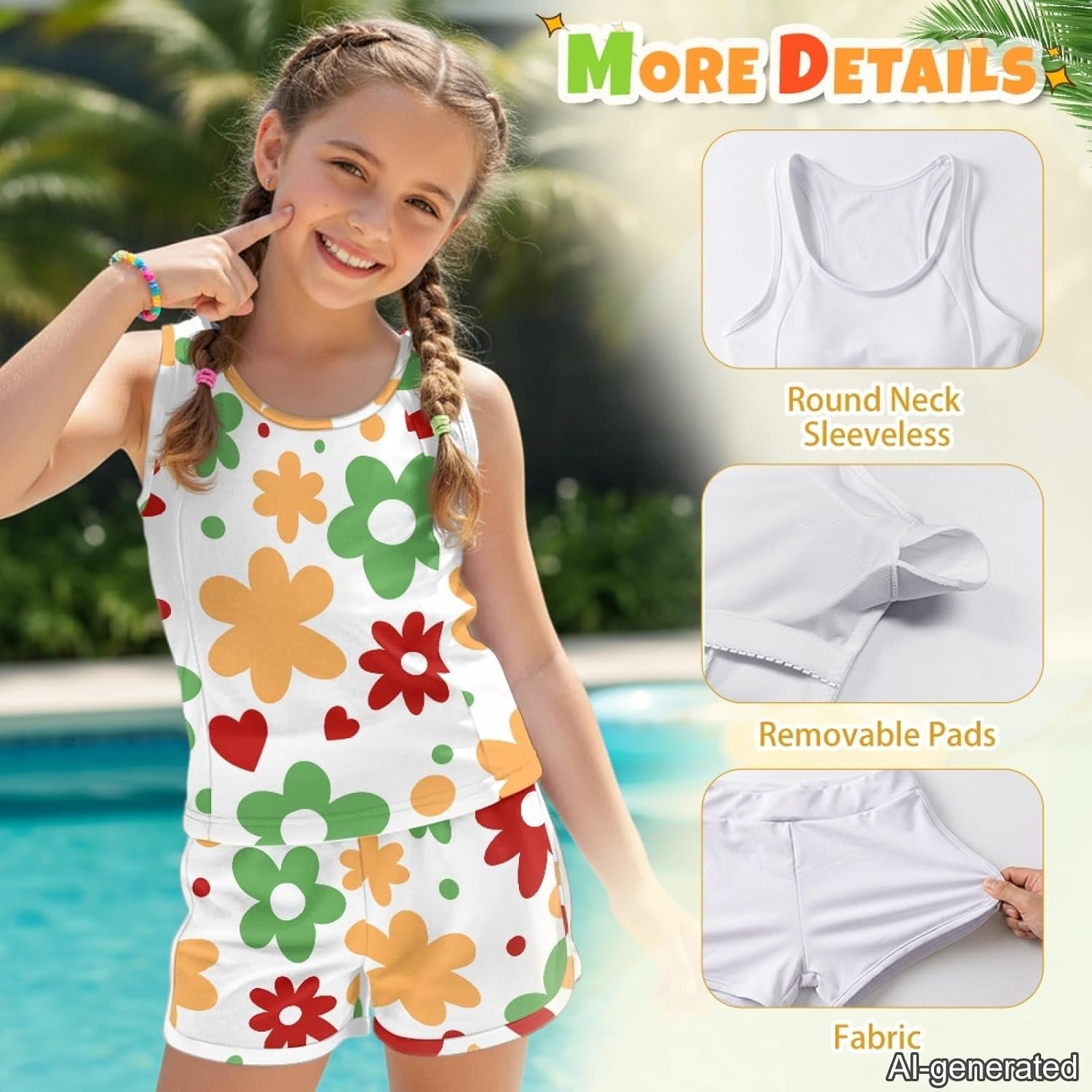 Girl's Tankini Bathing Suit, 2 Pieces Tummy Control Swimsuit Soft Tank Top with Side Pockets Shorts for 6-15Y