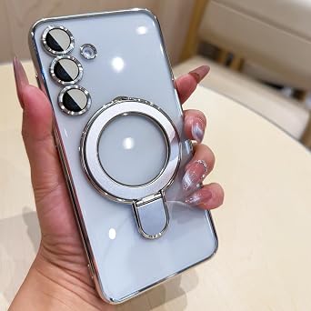 Magnetic Case for Samsung Galaxy S24 Case Stand & Ring Holder Compatible with MagSafe Built-in Camera Lens Protector Shockproof Phone Case for Samsung S24 - Silver