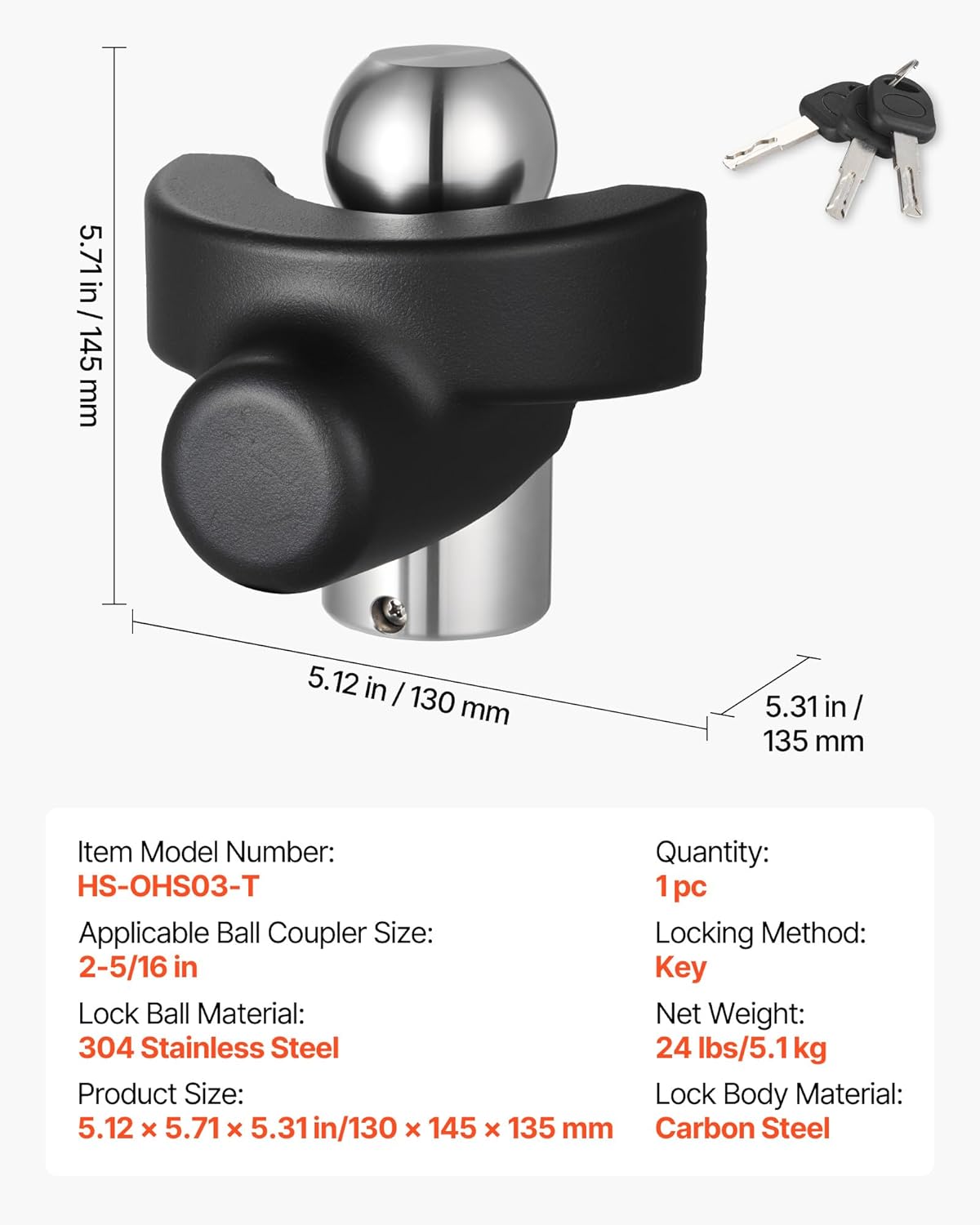 VEVOR Trailer Hitch Lock, Compatible with 2-5/16 in Couplers, Heavy-Duty Anti-Theft Trailer Ball Lock with 3 Keys, Prying-Resistant & Impact-Resistant, Fits for RVs, Boats, Off-Road Vehicles, Trailers