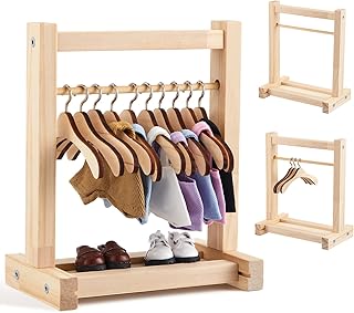 Skylety 11 Pcs Doll Garment Rack with Wooden Clothes Hanger for 17cm Doll Clothes Mini Hangers Small Wooden Wardrobe Furniture Accessories for Clothing Display Supplies
