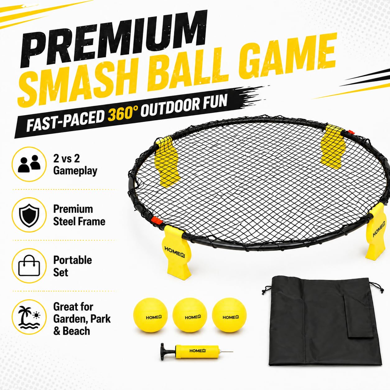 HOME IT® Bounceball Gioco 2 vs 2 con 3 Palline Ø10cm – Set Completo con Telaio in Acciaio e Gambe in Plastica PP – Incluso Pompa e Borsa – Gioco da Esterno 360° per Spiaggia Giardino e Parco