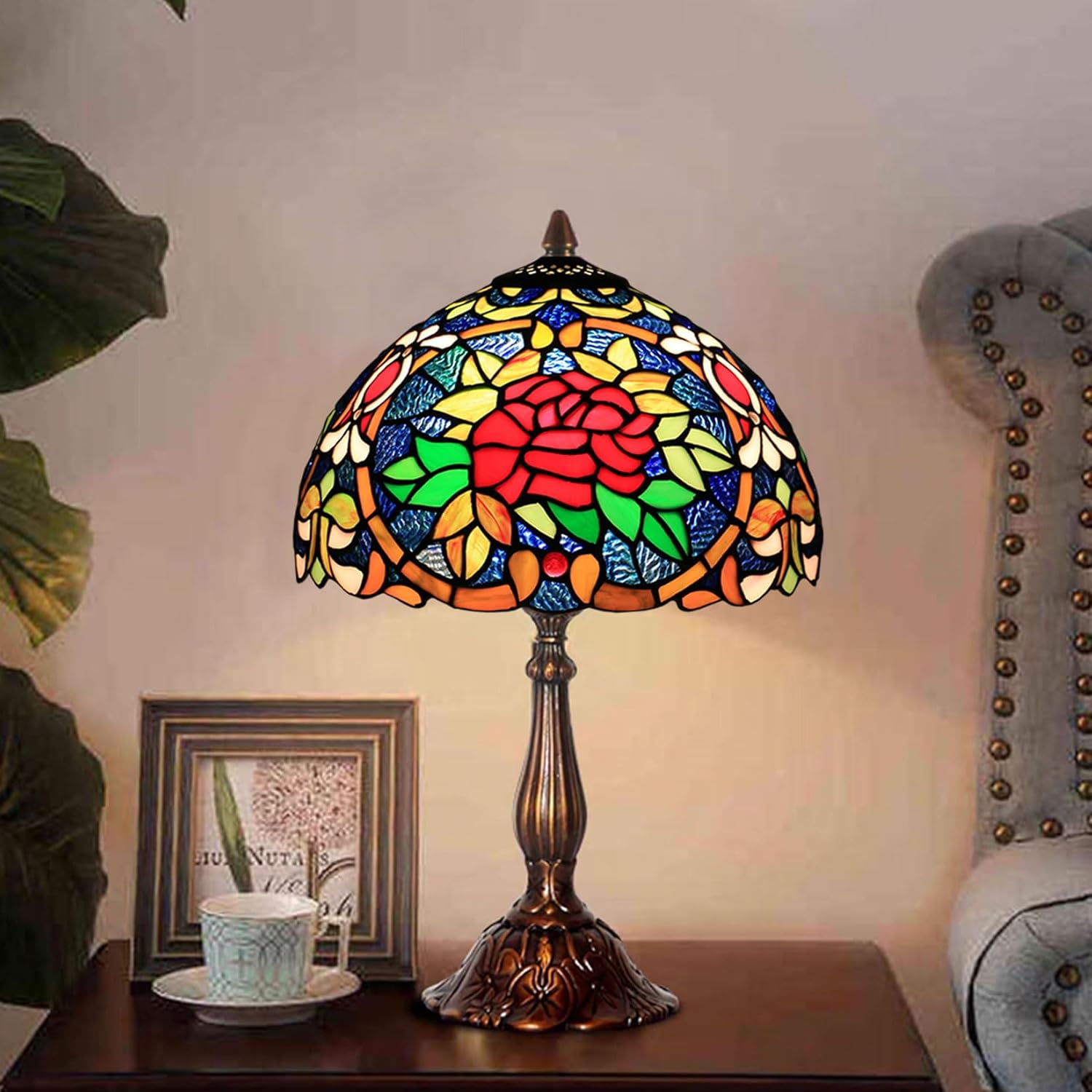 Tiffany Lamp Shade 12 Inch Wide Accessories Replacement Only Rose Peacock Stained Glass Lampshades Vintage Flower Glass Beads Light Cover for Table Lamp Pendant Light Ceiling Fixture,Rose