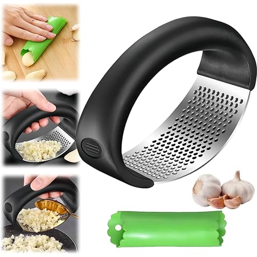 Garlic Press Rocker, 2024 Upgraded Stainless Steel Garlic Press Rocker Crusher Masher with Garlic Peeling Drum, Portable Manual Garlic Mincer Garlic Crusher for Home Kitchen Utensils (1, Black Set)