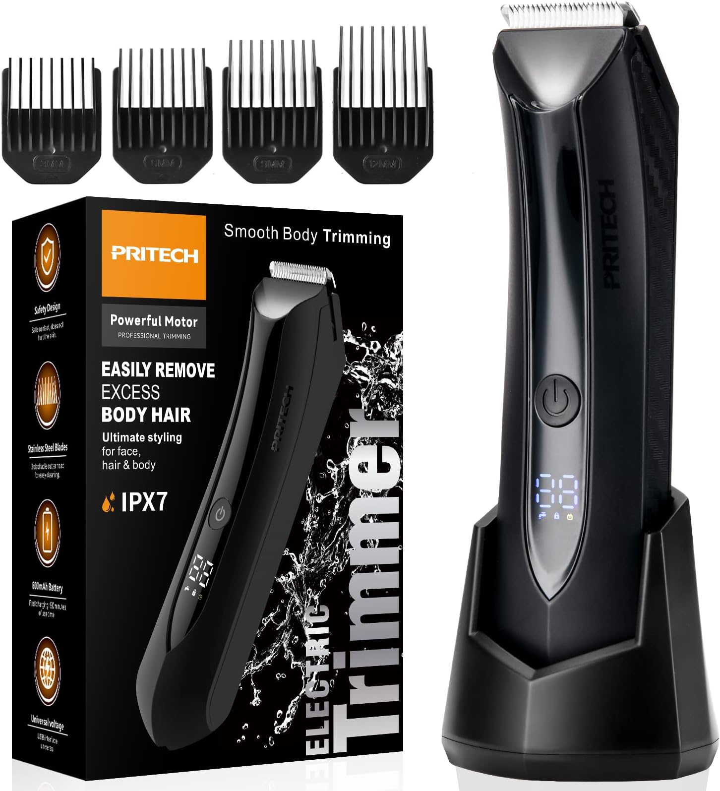 Body Hair Trimmer for Men Pubic Hair Trimmer - Wet/Dry Ball Trimmer with Ceramic Blade, Rechargeable Body Groomer for Men with Standing Recharge Dock