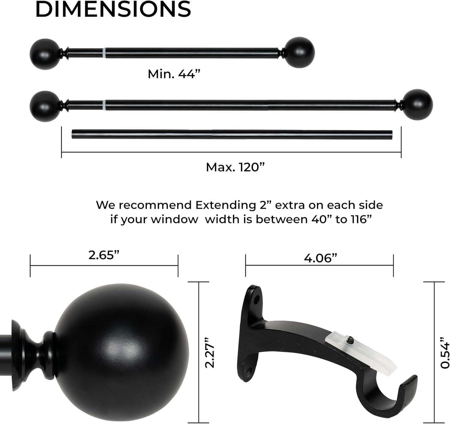 deco window curtain rods for windows 44 – 120 inch, 3/4 inch heavy duty extendable metal drapery rod, adjustable curtain rod with decorative ball finials for living room bedroom, black matt pack of 1 | 44-120 inch black matte