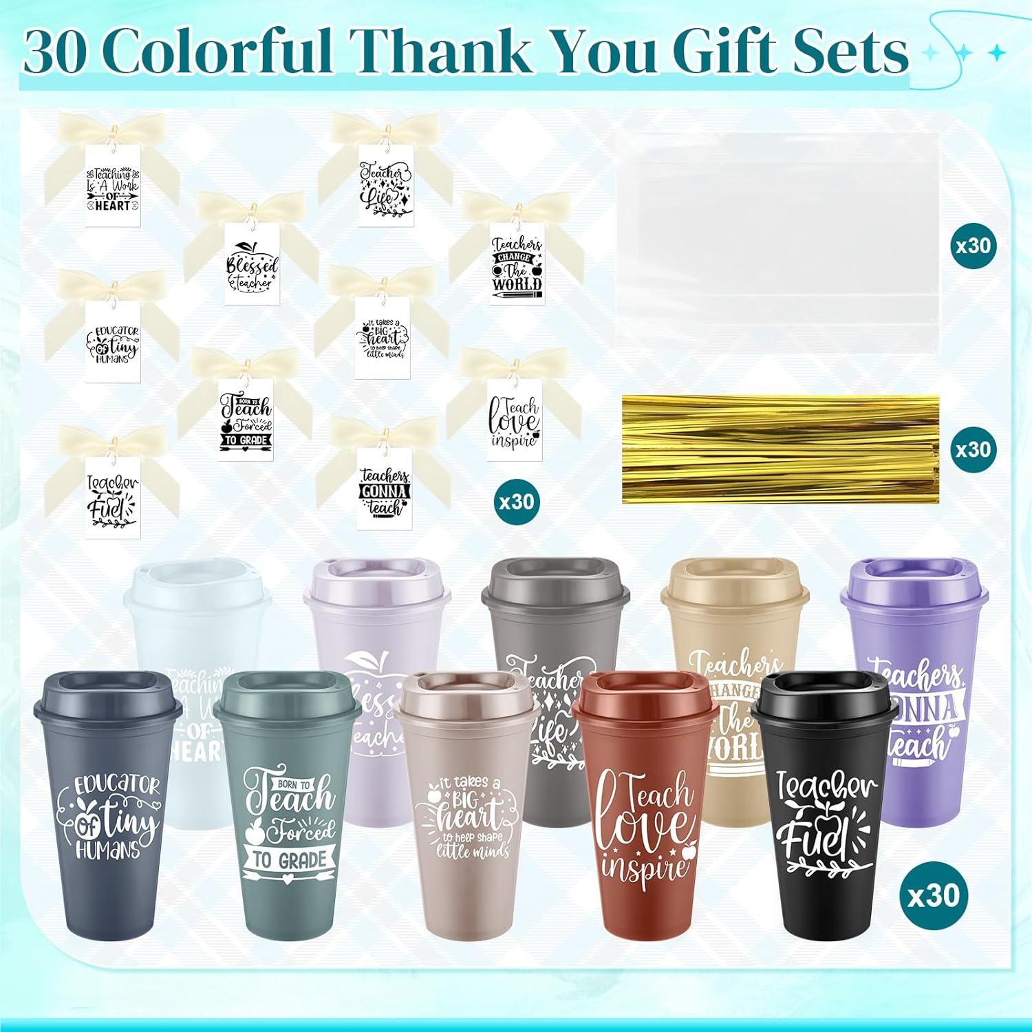 LemonRoad 30 Set Teacher Appreciation Gifts Bulk for Women 16 oz Teacher Appreciation Coffee Cup with Lid Back to School Gift Thank You Tumbler with Lid Card and Bag(Cute Style,Dark Colors)