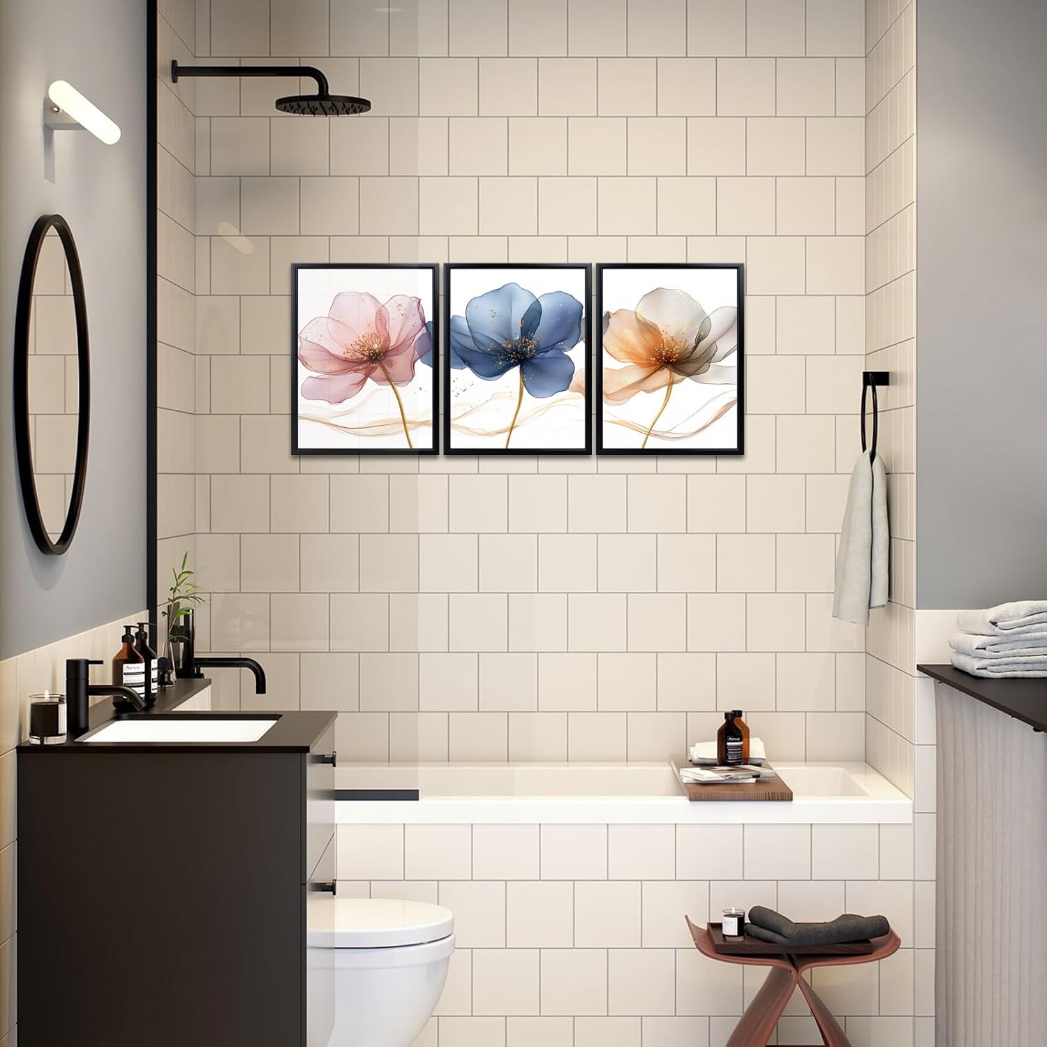 iKNOW FOTO 3 Piece Flickering Flower Canvas Wall Art with Black Frame Modern Pink Blue Brown Floral Giclee Prints for Bathroom Nursery Girls Room Minimalist Glam Decor 12x16 Inches Each