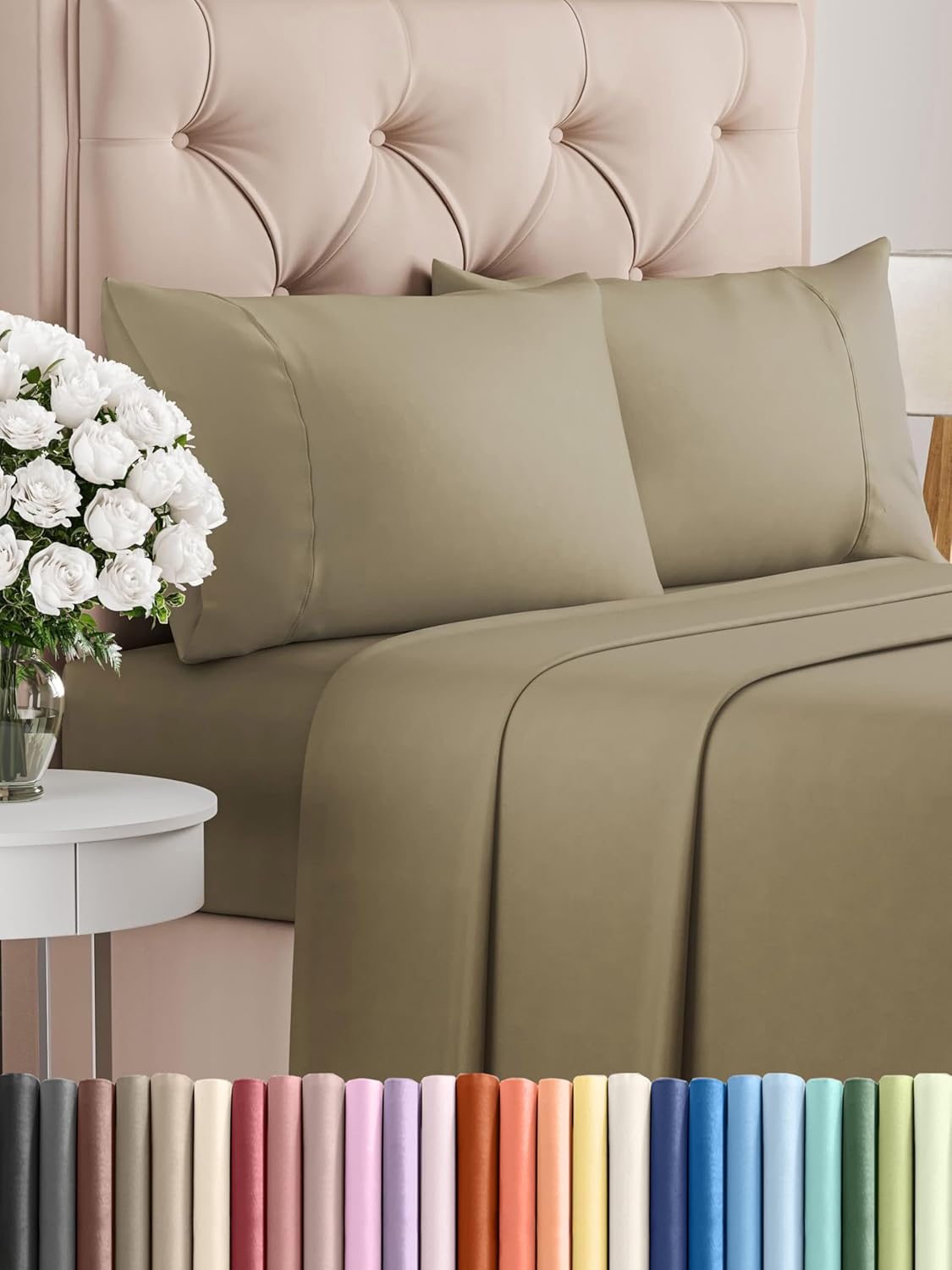 Twin XL 4 Piece Sheet Set - Comfy Breathable & Cooling - Ultra Soft Hotel Luxury Bedding Set w/ 8-16 Inch Deep Pockets - 1 Flat & 1 Fitted Sheet & 2 Pillowcases - Wrinkle Free and Easy Care - Khaki