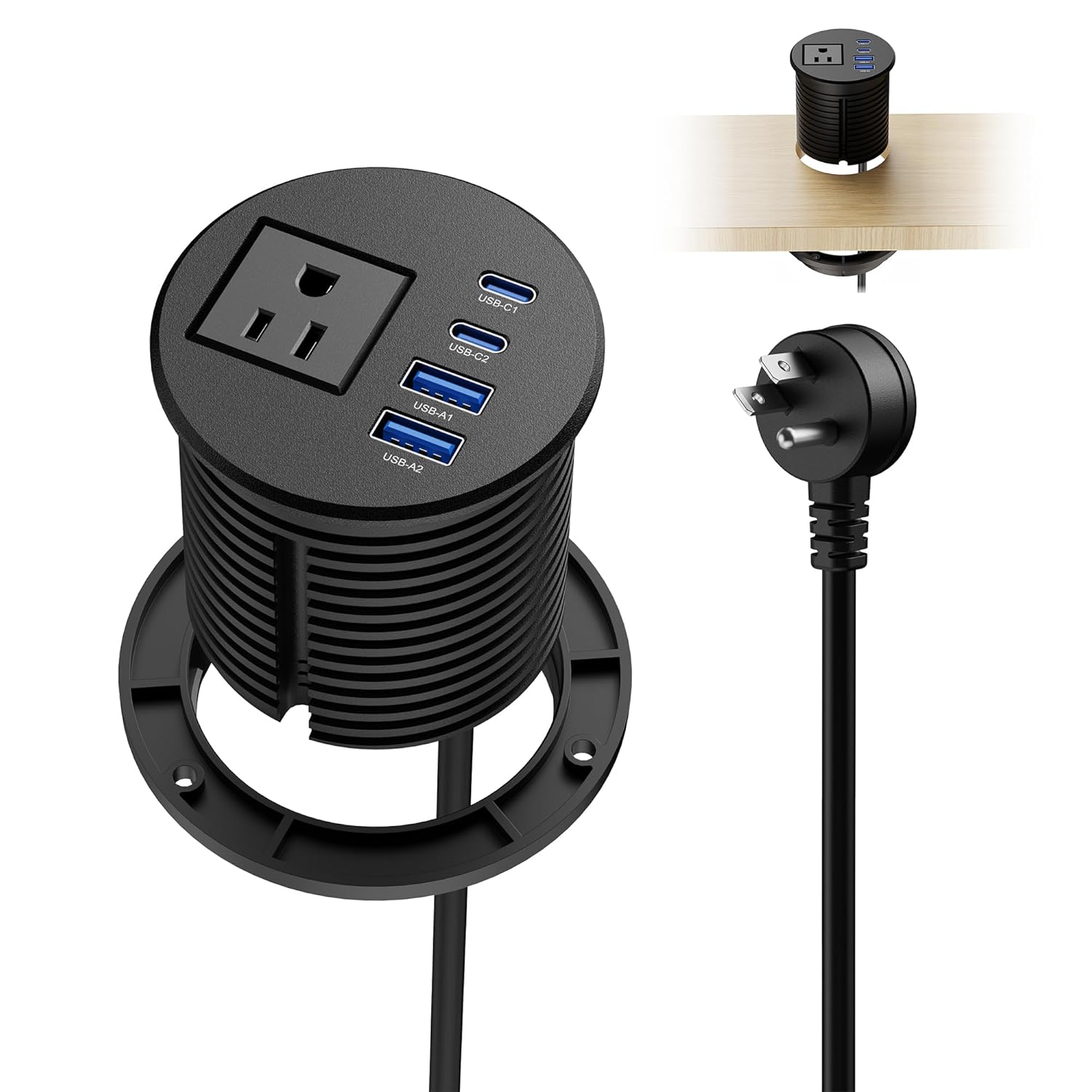 2.5 inch Desk Power Grommet with Dual 20W USB C Fast Charging, Recessed Desktop Grommet with AC Outlet and 4 USB Ports 6FT Cords Recessed Power Outlet for Conference,Office Tables and Furniture, Black
