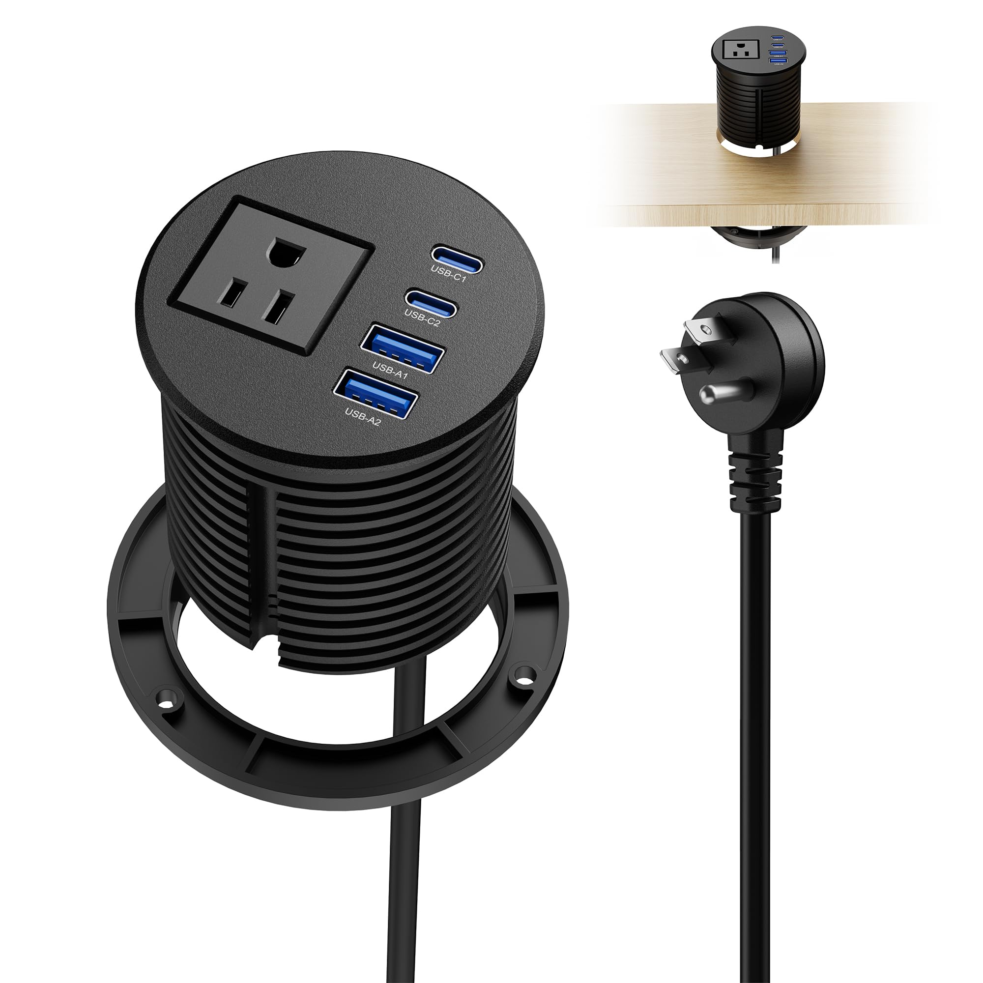 2.5 inch Desk Power Grommet with Dual 20W USB C Fast Charging, Recessed Desktop Grommet with AC Outlet and 4 USB Ports 6FT Cords Recessed Power Outlet for Conference,Office Tables and Furniture, Black
