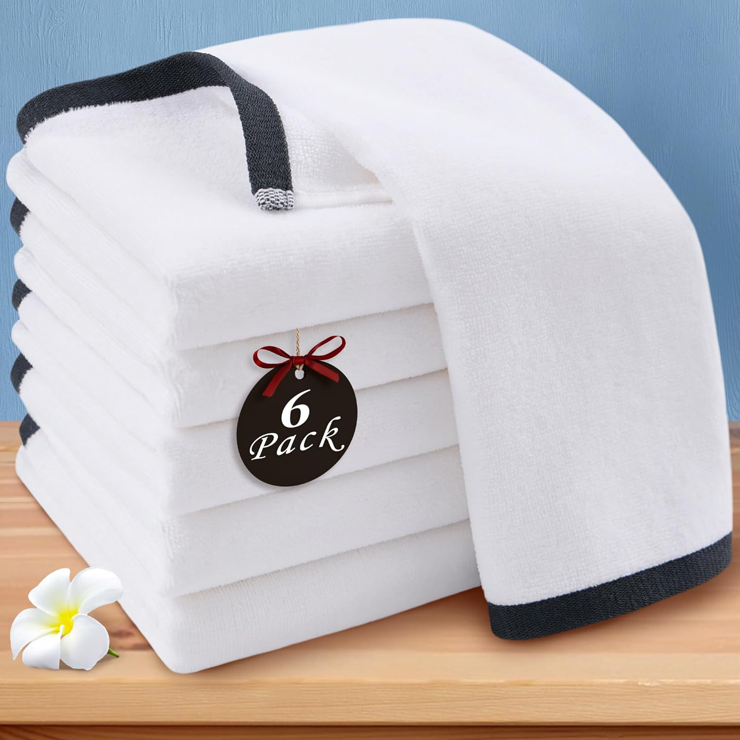 VOOVA & MOVAS White Hand Towels with Black Trim, 6 Pack 15" x 25" - 100% Cotton | Thin | Soft | Absorbent | 400GSM | Fluffy, Guest Hand Towels for Bathroom, Decorative Towel for Daily Use | Daily Use