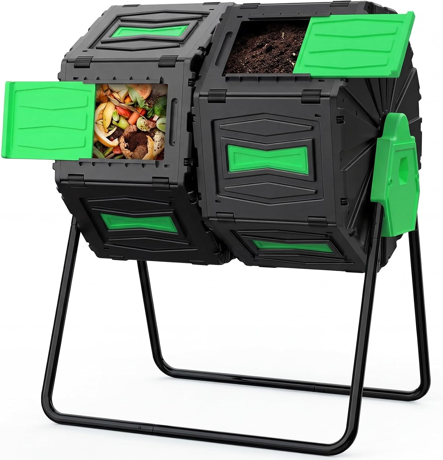 Compost Tumbler, 45-Gal Dual Chamber Compost Bins, BPA-Free Tumbling Composting Bins with 2 Sliding Doors and Metal Frame,Easy Assembly Large Composter Tumbler Outdoor Compost Bin Kitchen