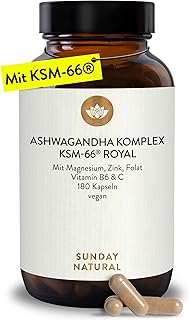 SUNDAY NATURAL® Ashwagandha Komplex KSM-66® Premiumrohstoff – 600 mg Bio Ashwagandha Kapseln je Tagesdosis - 180 Kapseln mit Magnesium, Zink & Vitamin B6 - Laborgeprüft, vegan