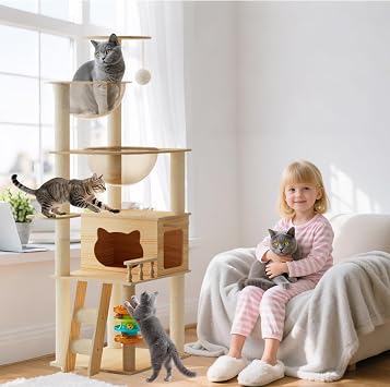 PETCUTE Cat Tree Tower for Indoor Cats Large Adult,Modern Big Cat Climbing Tower with Clear Bowl & Teasing Balls,Cave,Multi-Level Heavy Duty Wood Cute Kitty Condo with Sisal Scratching Posts