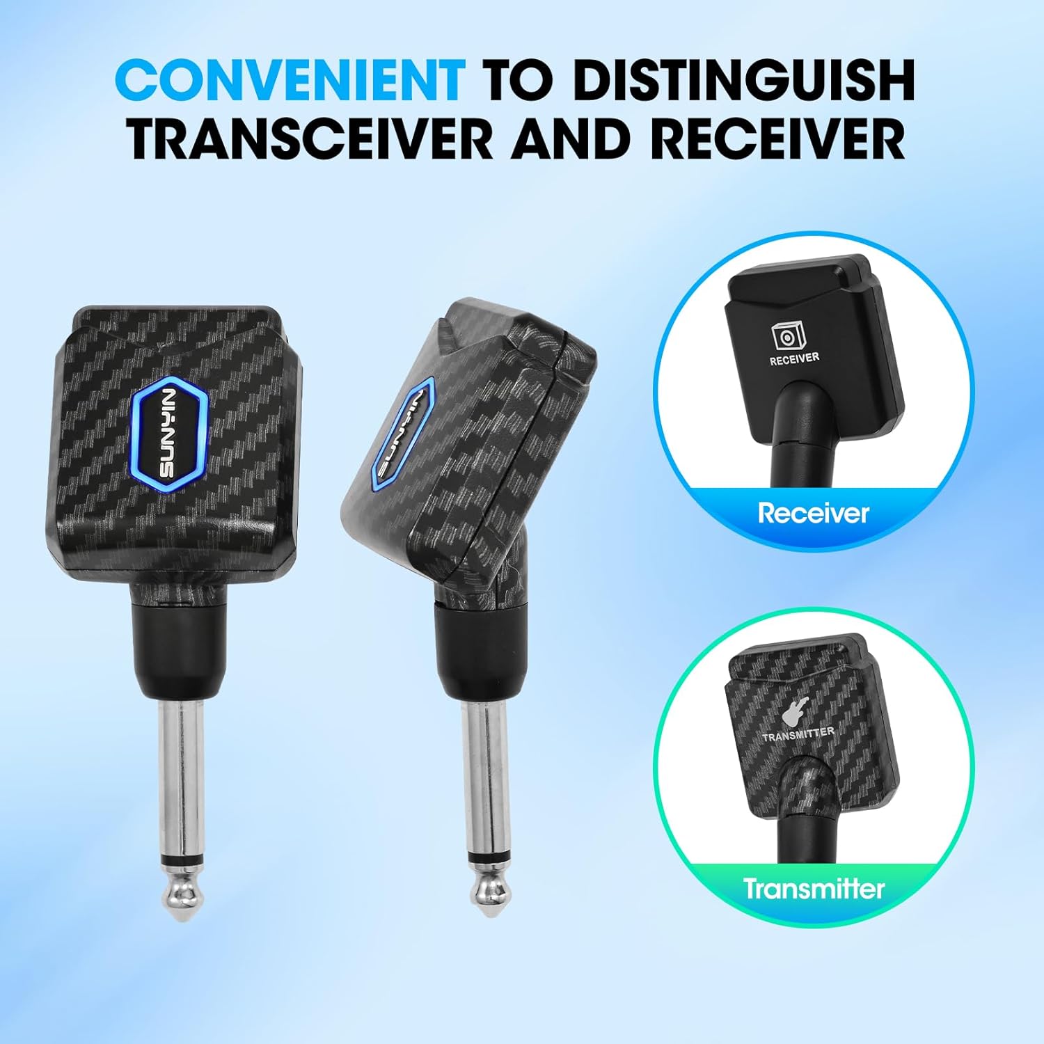 5.8Ghz Mini Wireless Guitar System with Portable Charging Case Wireless Transmitter and Receiver 4 Working Channel for Electric Guitar Digital Wind Instrument Wireless System Mini Device（Carbon Fiber）