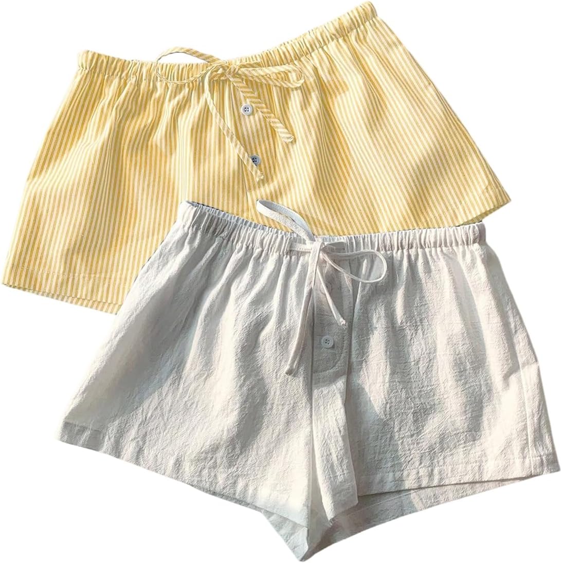 RoseSeek Women's 2 Packs Striped Linen Mini Shorts Drawstring Waist Button Front Lounge Shorts