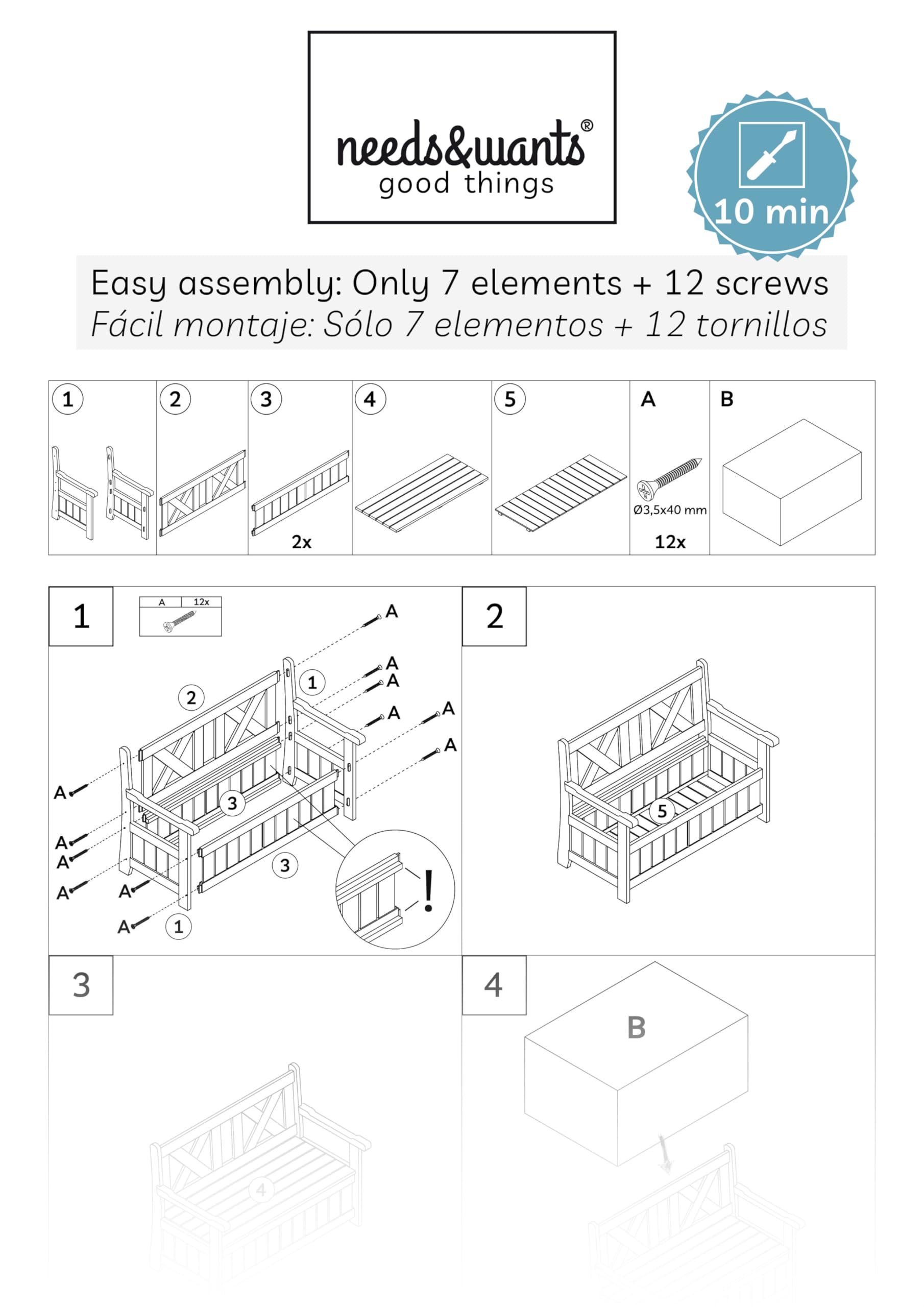 needs&wants® Banco de jardín de madera resistente a la intemperie con espacio para guardar cosas y funda, banco de madera clásico de 2 plazas con arcón, banco de jardín macizo con arcón madera natural