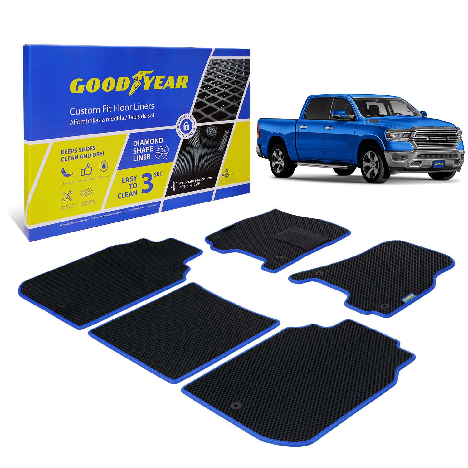 Goodyear All-Weather Car Floor Mats–Custom Fit for Dodge Ram 1500 19-26 Crew Cab,5 Pc.Set,Heavy-Duty Diamond Floor Liners for Cars,SUVs,Trucks–Ultimate Interior Car Accessories for Men&Women- GY004034