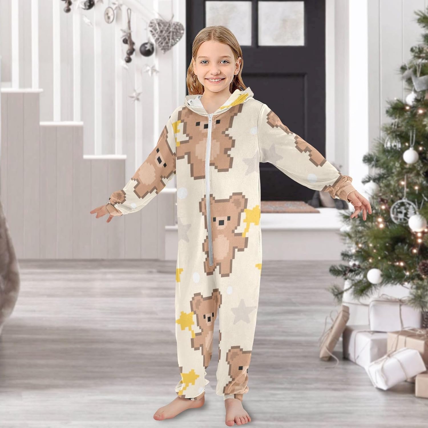 Cute Cartoon Brown Bears Cute Soft Sleepwear Holiday Pajamas Hooded One-Piecing Sleeper Loungewear Parties