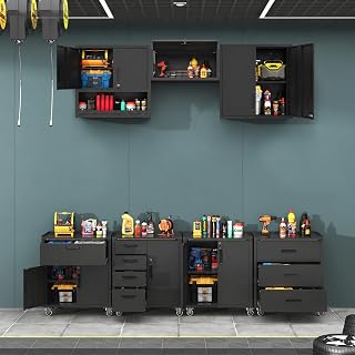 Metal Garage Storage Cabinets System, 7-Pcs Workshop Tool Cabinet Set,Black | Including 3 Pcs Wall Cabinets 4 Pcs Garage Tool Cabinets with Wheels,Assembly Required