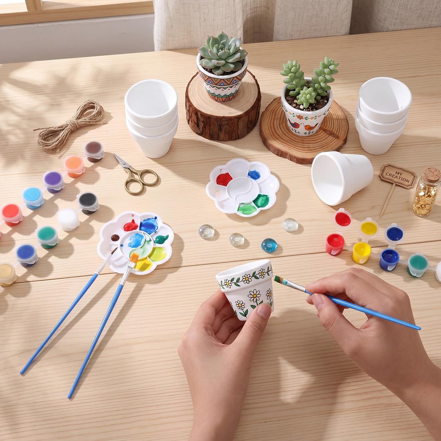 Singhoow 25 Set Paintable Flower Pots Craft Kit 2.5" Mini Terracotta Pot & Ceramic Pot Bulk with Drainage Acrylic Paint for Indoor Outdoor Plant Crafts Wedding Favors DIY Activity (White Terracotta) image 3