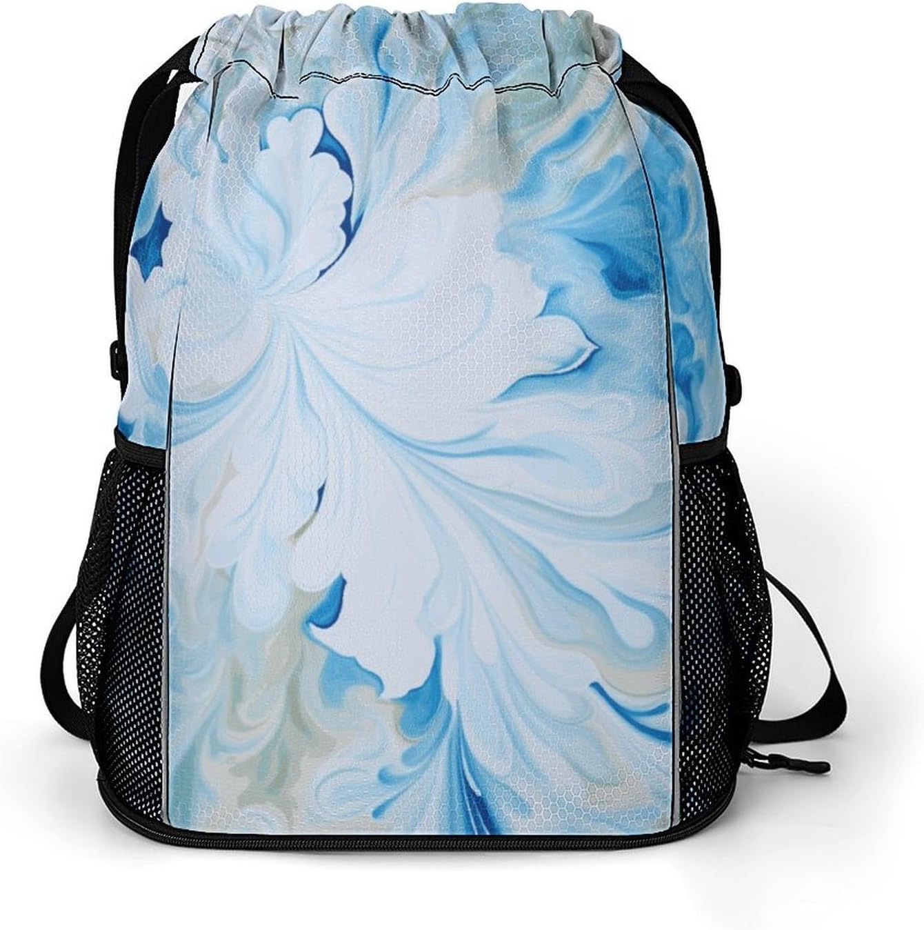 Blue And White Drawstring Backpack with Wet Pocket - Large Capacity Gym Bag with Shoe Compartment & Mesh Pockets, Adjustable Lightweight Gym Backpack for Swimming, Travel, Workout
