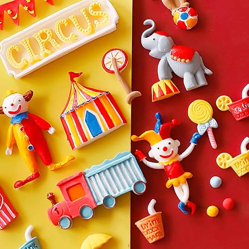 Miniatura 5 de Moldes de silicona con temática de circo, juego de 4 piezas, moldes de fondant de carnaval con tren, oso, corona, palomitas de maíz para decoración