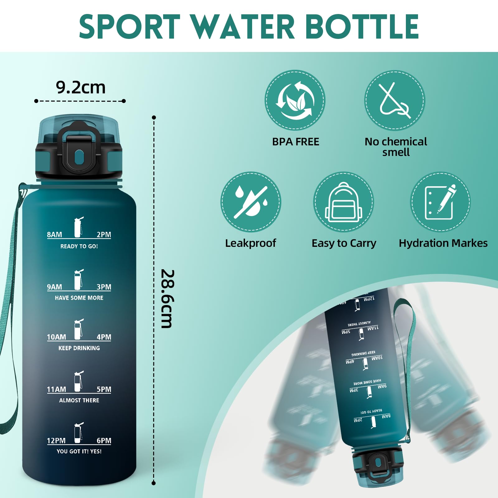 Motswedi Borraccia 1,5 litri, con Filtro, Borraccia Motivazionale, Prova di Perdite, Senza BPA, Bottiglia Acqua, con Marcatori di Tempo, per Palestra, Ufficio, Yoga, Ciclismo, Verde Scuro & Grigio