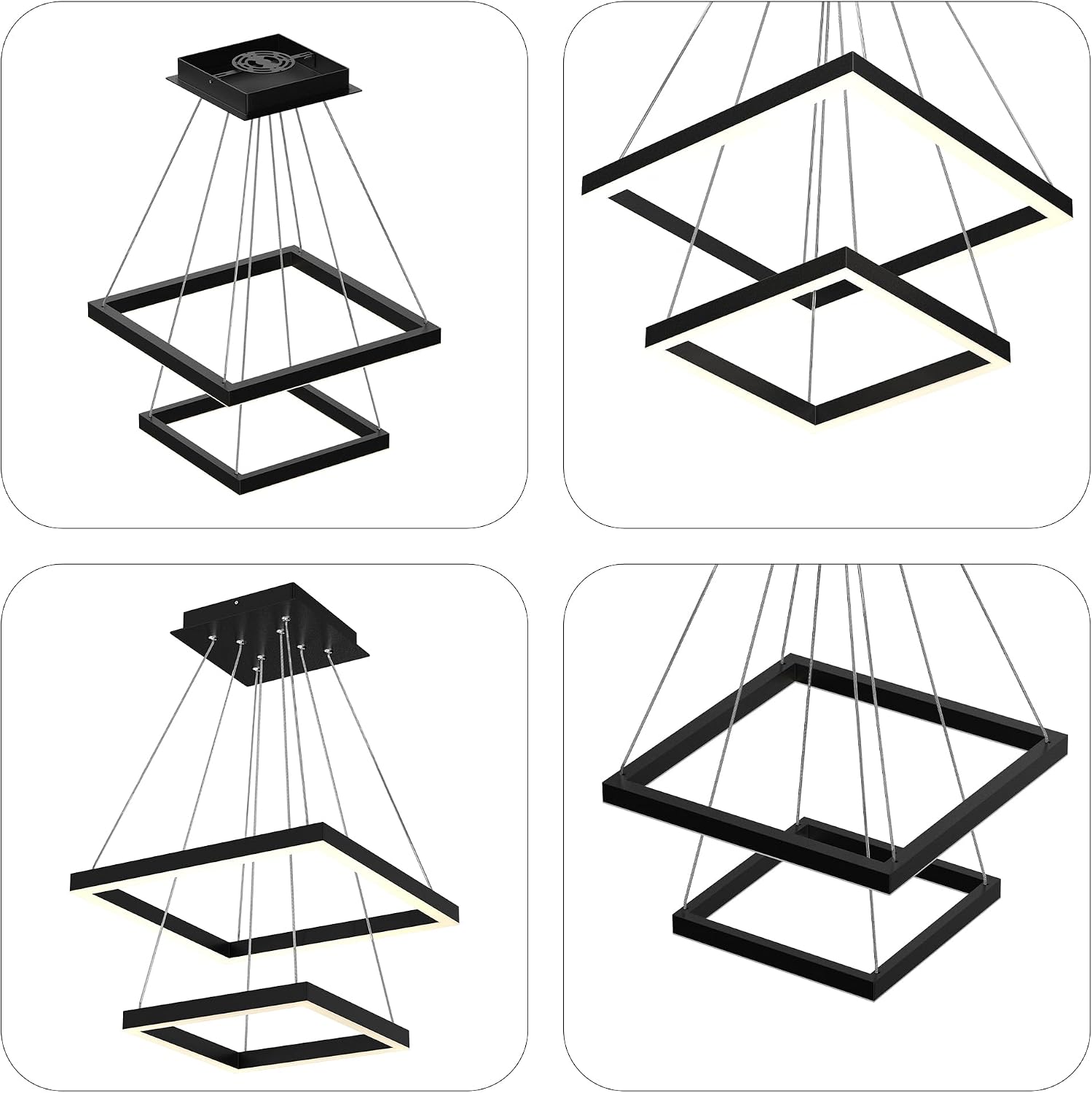 LEDMyplace 2-Lights Square Chandelier Light Fixtures, Two-Tier Dimmable Pendant Lighting, 54W, 3000K Warm White, 3016 LM, Modern Black Decorative Hanging Pendant for Bedroom, Living Room, Hallway