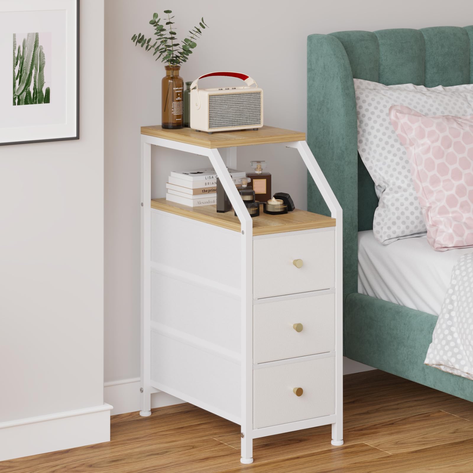 Amazon Brand - Umi Bedside Table with 3 Fabric Chest of Drawers Organizer & Storage Shelf, Sofa Side Table, End Table, Corner Table, Night Lamp Table, Nightstand for Bedroom Living Room (25x47x72cm)-image-37