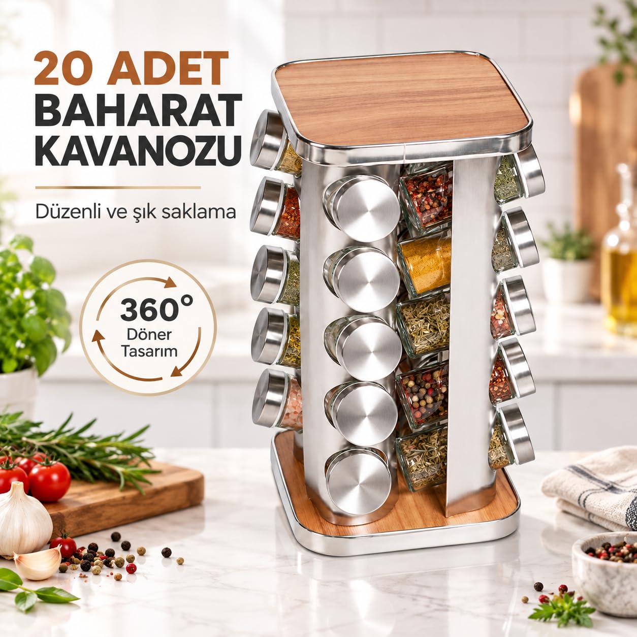 20’li Ahşap Detaylı Döner Baharatlık Seti, Paslanmaz Çelik Gövde, Cam Kavanozlu 360° Döner Stand, Kare Tasarım, Modern Mutfak Organizeri
