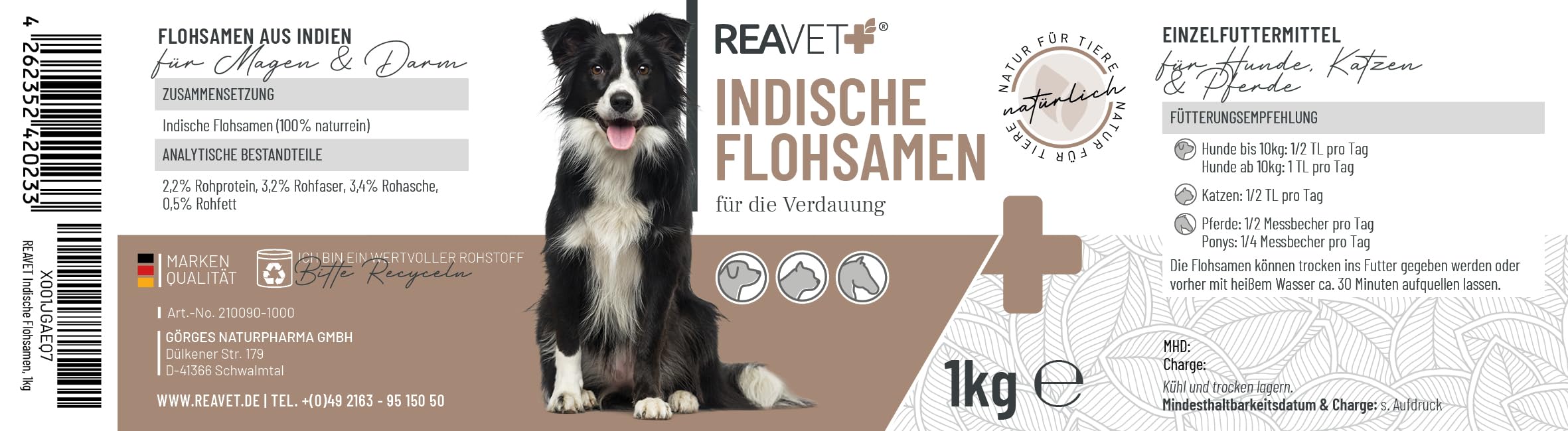 ReaVET psyllium Indien pour Chevaux, Chiens & Chats 1kg - Naturel en qualité Premium - Riche en Fibres + Mucilage I psyllium pour la Digestion I sans additifs