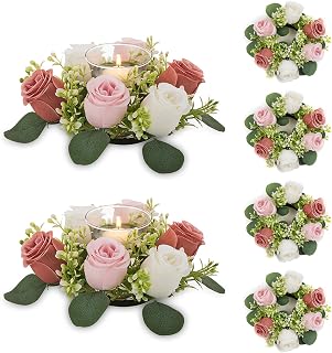 NUPTIO Flower Wedding Centerpieces for Tables - 6 Pcs 3.9 inch Diam Small Dusty Rose & White Artificial Flowers Fake Roses Candle Rings Wreaths Spring Summer Wreath for Front Door