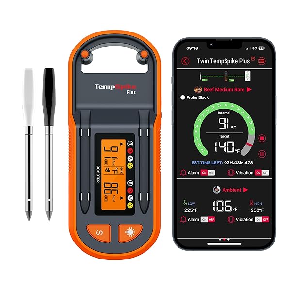 ThermoPro TempSpike Plus 600ft Wireless Meat Thermometer with 2 Color-Coded Probes, Bluetooth Meat Thermometer Wireless with LCD-Enhanced Booster for Food Cooking Grill Smoker