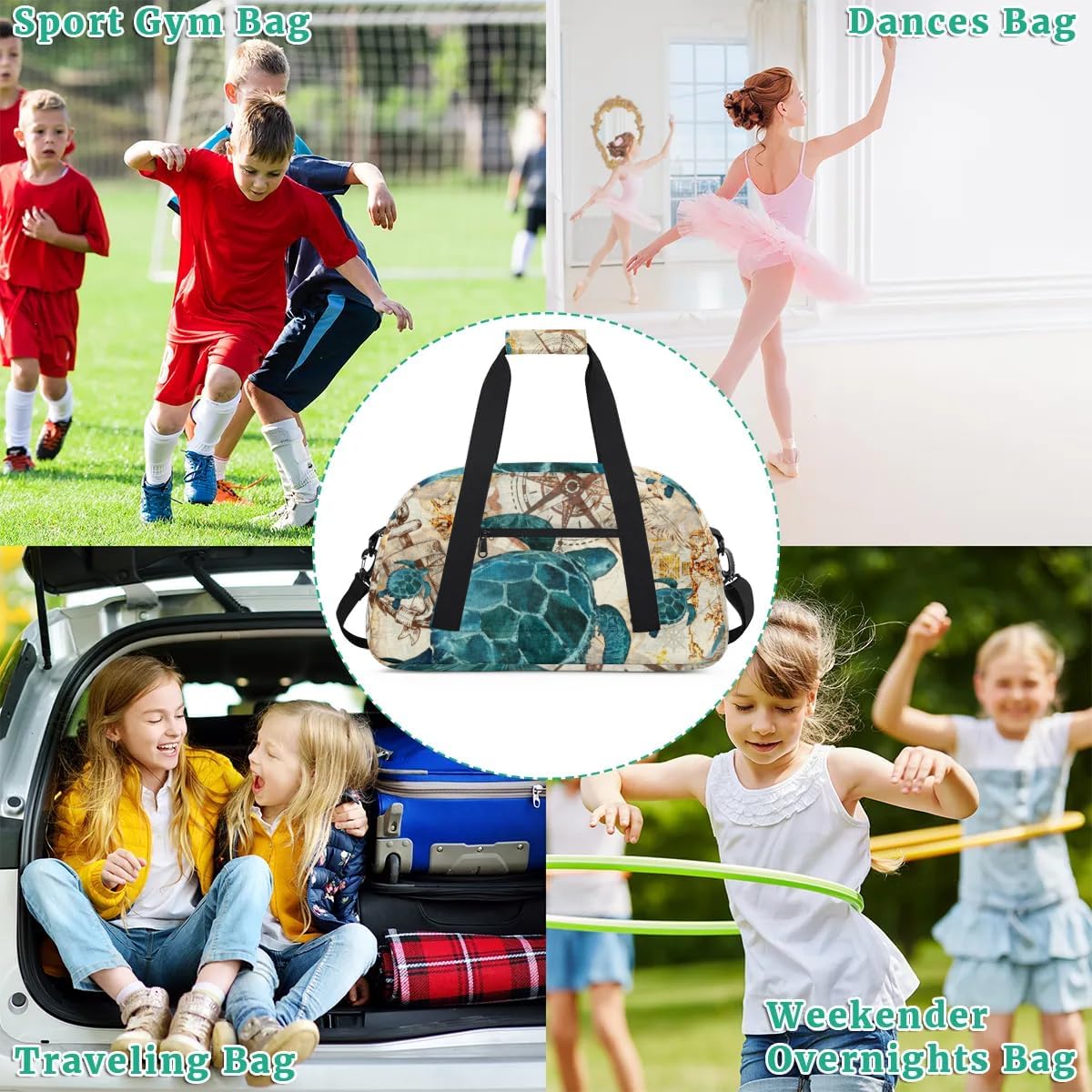 Kids Duffle Bag, Overnight Weekender Bag Travel Duffle Bag Carry-On Tote for Swim Sport Gym Bag for Boys Girls, Turtle