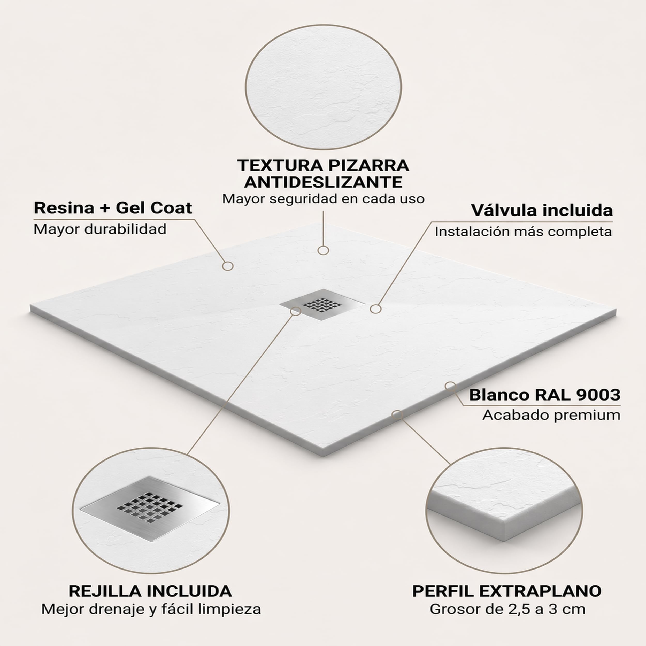 Plato de Ducha de Modelo Roma II – Plato Ducha Resina con Textura Pizarra - Antideslizante y Antibacteriano – Blanco (RAL 9003) 70x180 cm – Incluye Válvula Desagüe y Rejilla