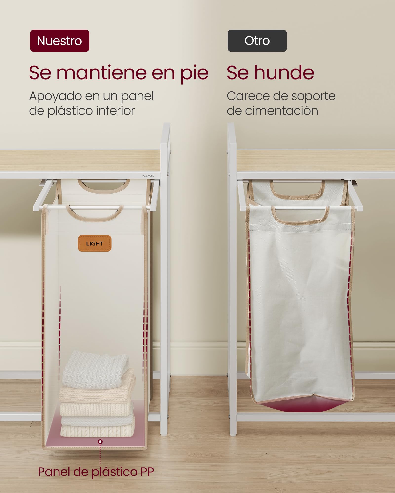 VASAGLE Cesto para Ropa Sucia, 4 Compartimentos, Cesta Ropa Sucia 150 L, con Estante Ruedas, Bolsa Colada, con Bolsillos Extraíbles, 6 Etiquetas, Beige Natural, Marrón Camello y Blanco Crema BLH203N01