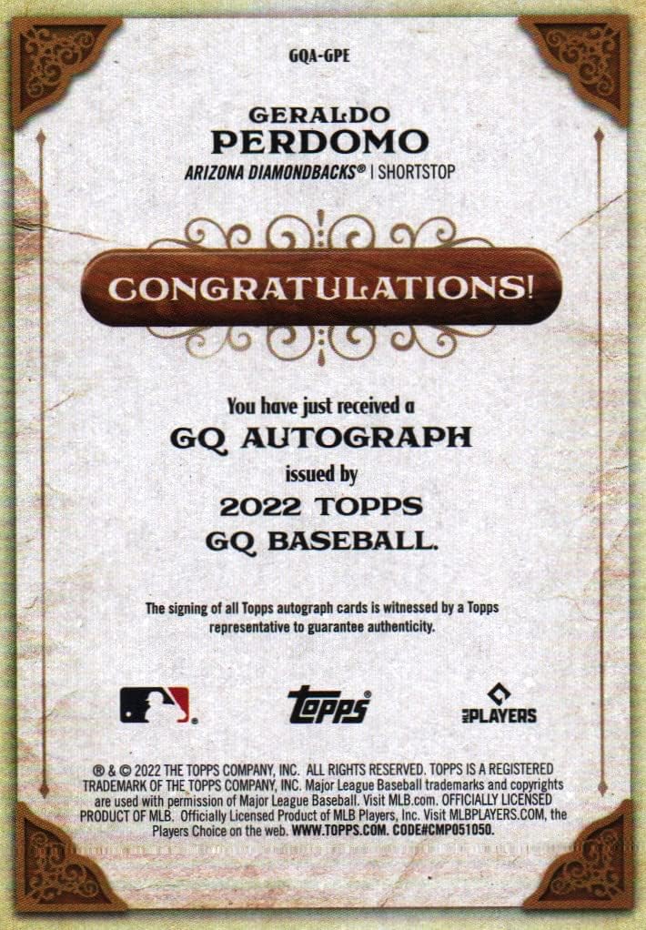 Geraldo Perdomo Gypsy Queen Autographed Collectible Baseball Card - 2022 Topps Gypsy Queen Baseball Card #GQA-GPE (Diamondbacks) Free Shipping & Tracking
