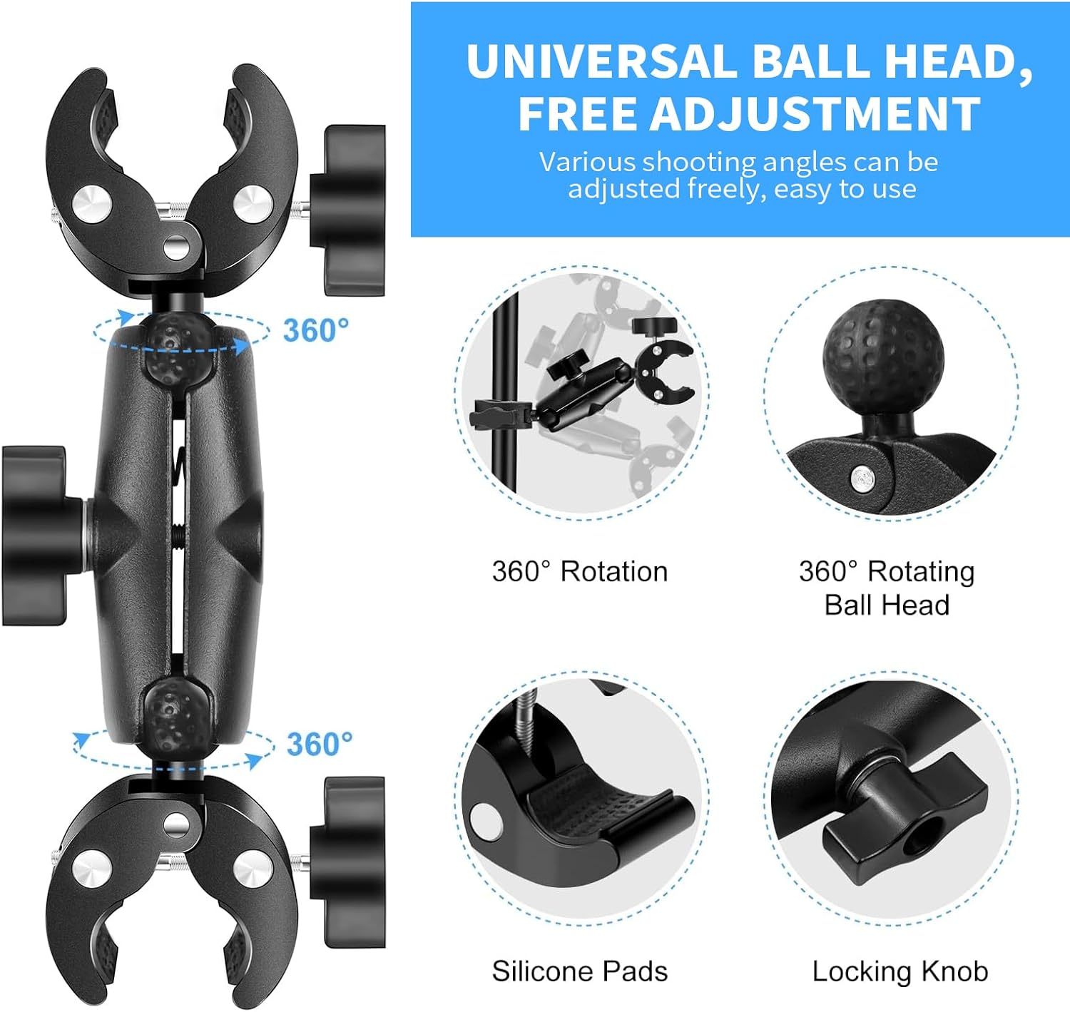 Universal Sports Camera Mount, Double Clamp with 360° Magic Arm, Heavy-Duty Ball Head Mount, for GoPro,a360, Stabilizer (Small)