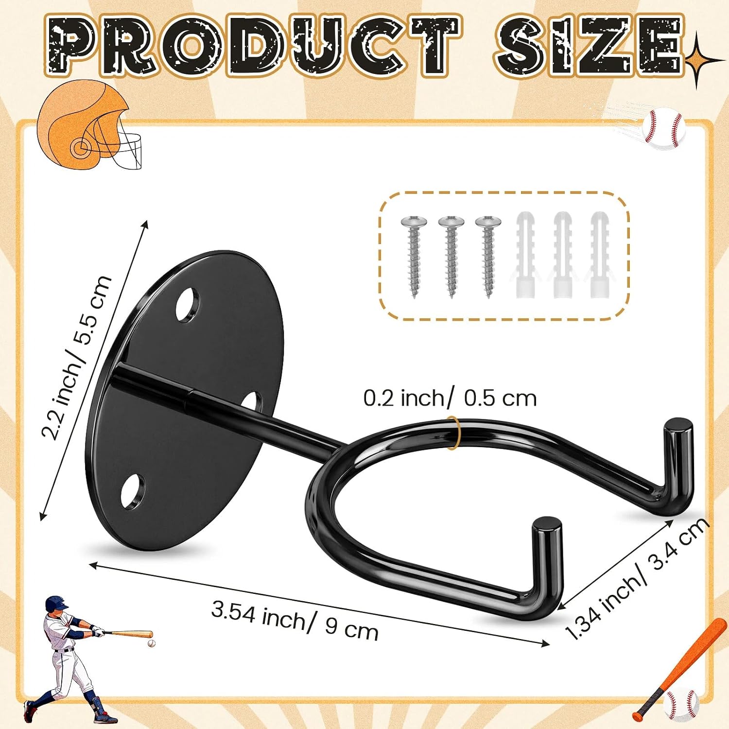 Threan 4 Pack Baseball Bat Wall Mount Sports Baseball Holder, Softball Display Memorabilia Holder Wall Mount Ball Stand for Man Sports Ball Display Storage Decor Rack(Black) image 2