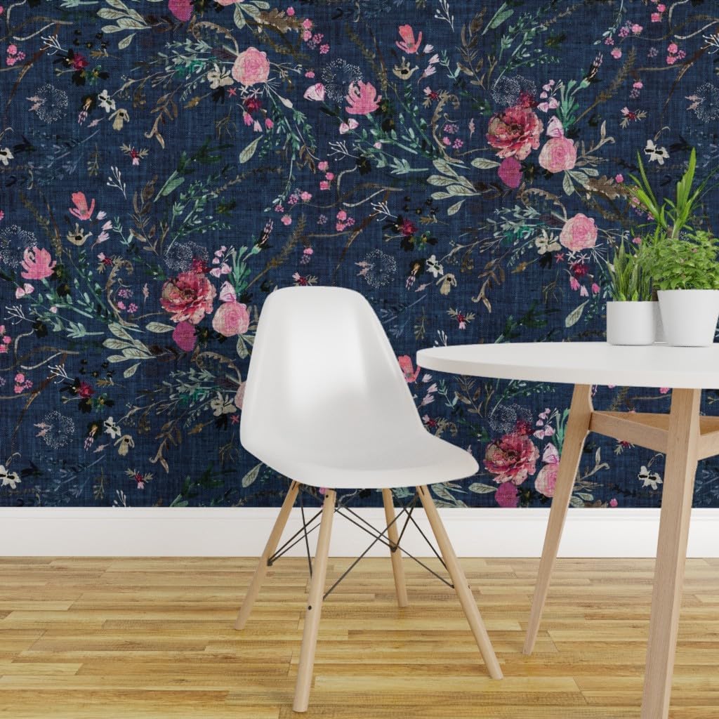 Spoonflower Removable Wallpaper 3ft x 2ft - Fable Floral Navy Vintage Flowers Rose Autumn Fall Spring Custom Pre-Pasted Wallpaper