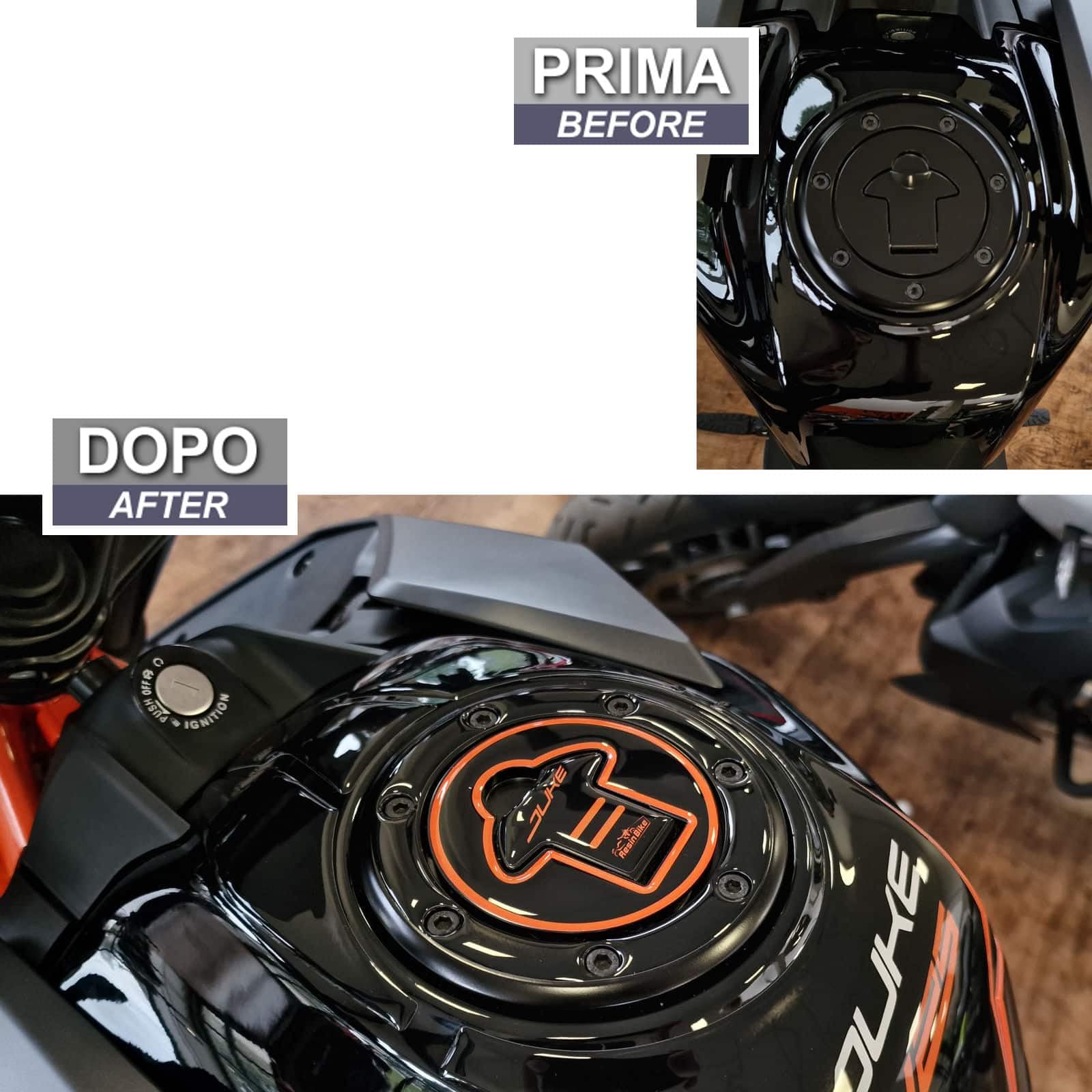 Resin Bike Naklejki Moto kompatybilne z KTM Duke 125 200/250/390 2021-2023. Chronią korka zbiornika przed uderzeniami i zadrapaniami. Naklejki żywiczne z efektem 3D - wyprodukowane we Włoszech