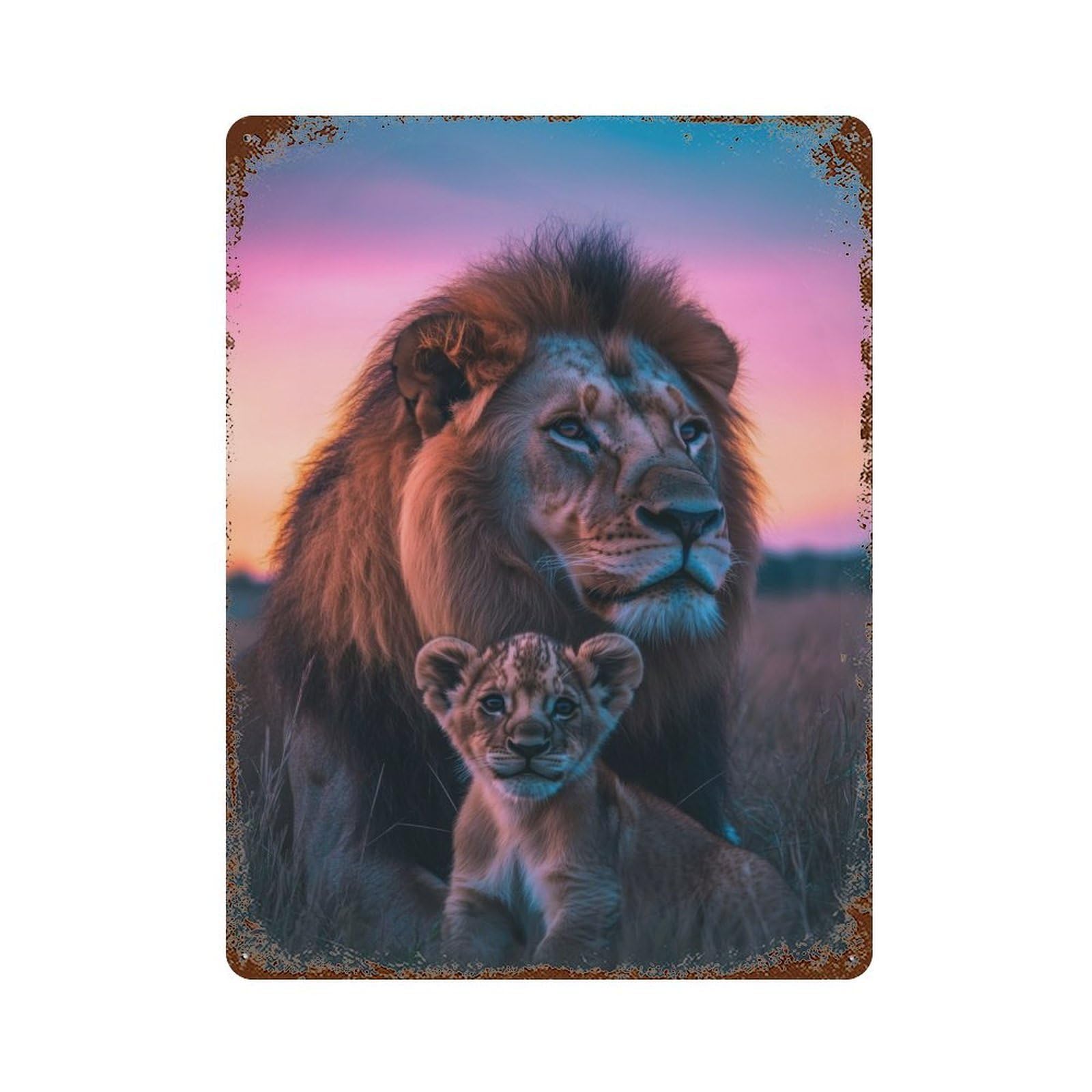 Lion And Cub at Sunset 15.7"x11.8" Rust Effect Tin Sign, Industrial Home Decor for Living Room, Hallway And Home Decor
