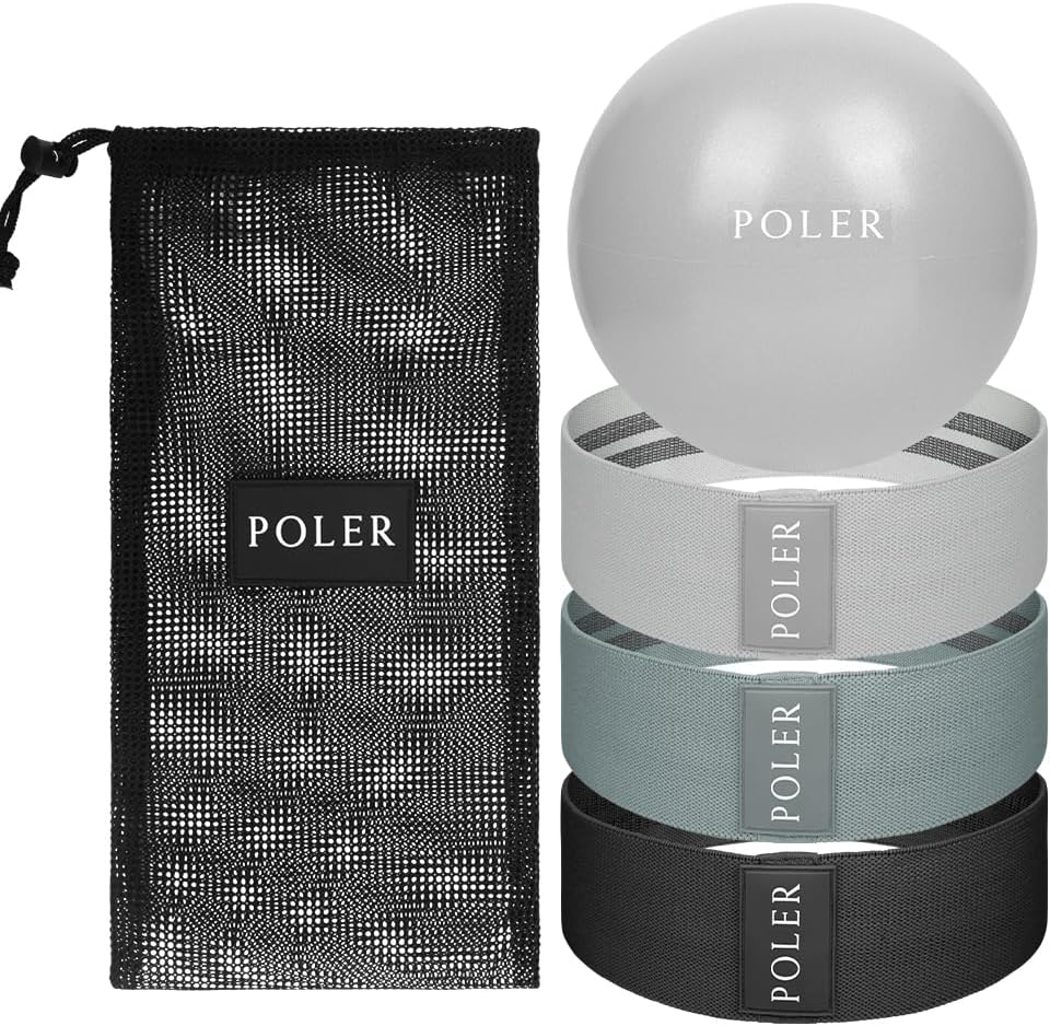 Poler Fit Kit: Fabric Resistance Bands Kit with 3 Levels (Light, Medium, Heavy) + 9″ Pilates Ball for Home Workouts – Exercise Bands Set for Strength Training, Pilates, Yoga, Glutes, Legs & Full Body