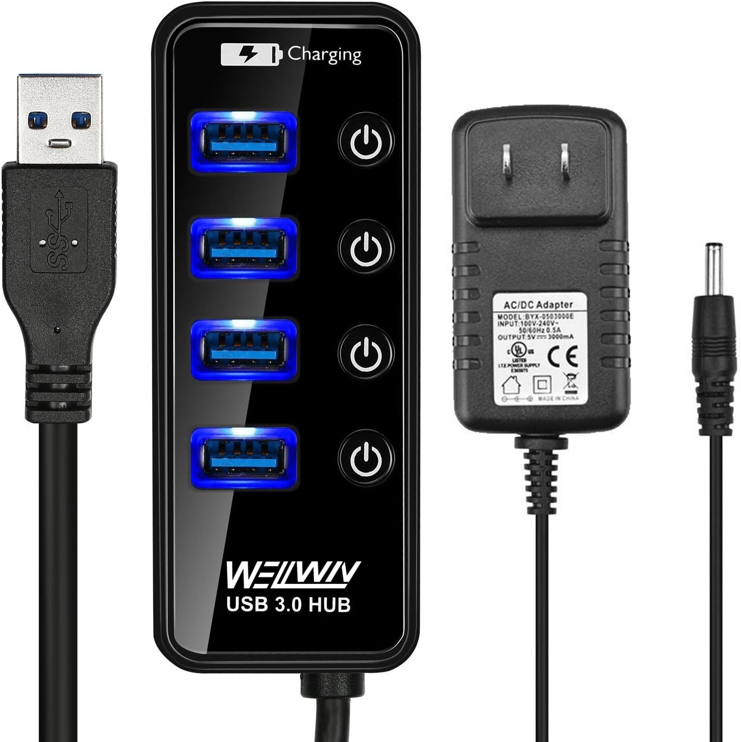 4-Port USB 3.0 Portable Data Hub With 1 USB Charging Port and Power Supply Adapter Super Speed