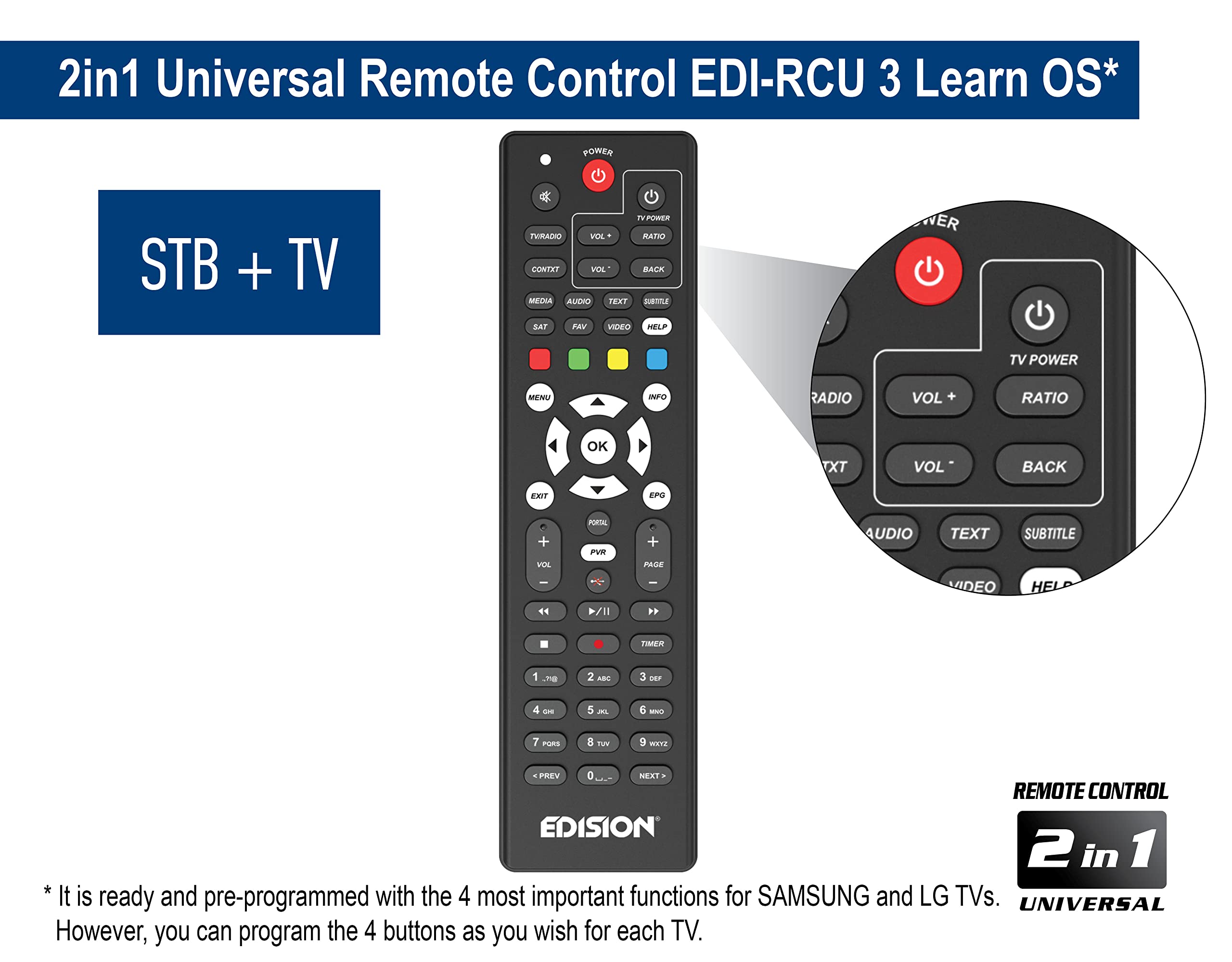 Edision Ping T2/C Receptor Terrestre TDT & por Cable DVB-T2/C H.265 HEVC Full HD PVR, 2xUSB, HDMI, SCART,LAN, S/PDIF, Sensor IR, RS232, Soporte USB WiFi, Mando a Distancia Universal 2en1, Negro