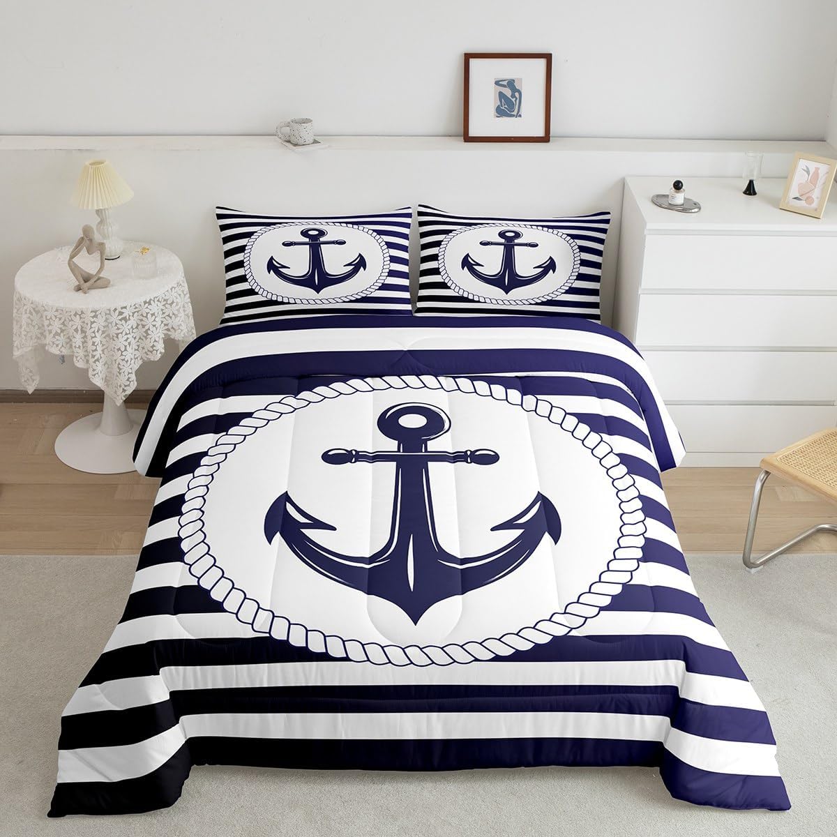 Erosebridal Nautical Comforter Set Twin Size for Kids Adults Boys Navy Anchor Bedding Set Geometric Blue Stripes Comforter Retro Sea Adventure Theme Room Decor Soft Ocean Navigation Duvet Quilt