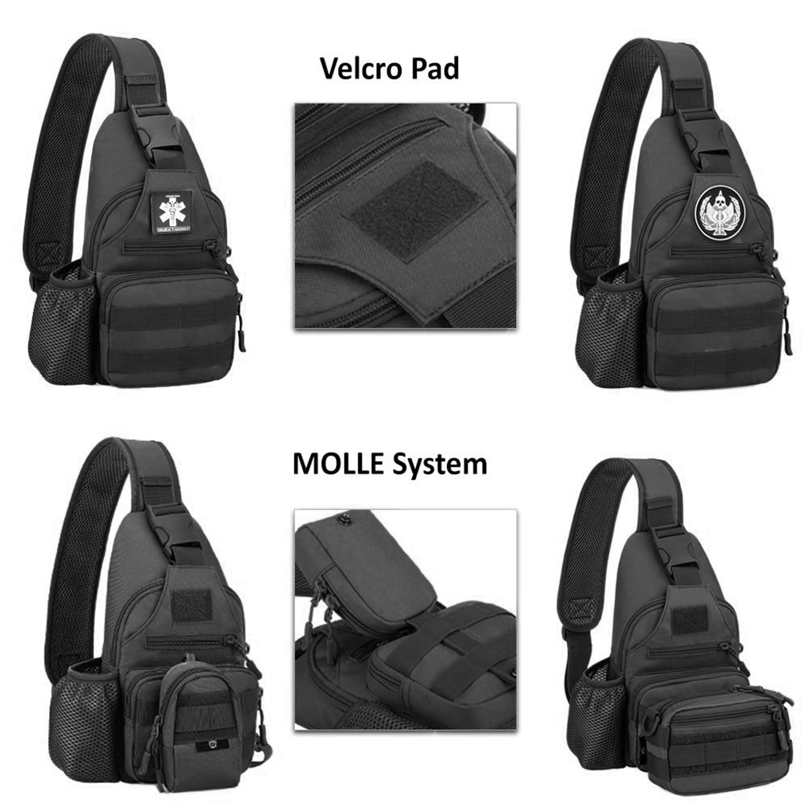 Sac à Bandoulière Tactique Militaire Résistant à l'Eau Sac à Dos Sling MOLLE pour Hommes avec une Bretelle Sac Quotidien avec Porte-Bouteille d'Eau (#01-Noir)
